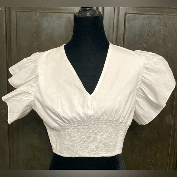SHEIN white Ruffle sleeves, v-neck Cropped top. Size Large with bag - Picture 1 of 9